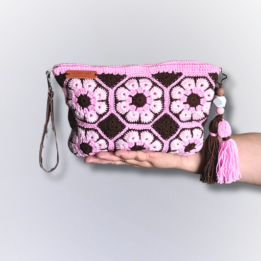 BOLSA Castanho e Rosa Quadrados