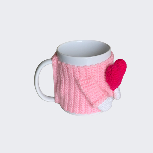 Caneca com Capa em Croché Rosa e Coração Vermelho com Base