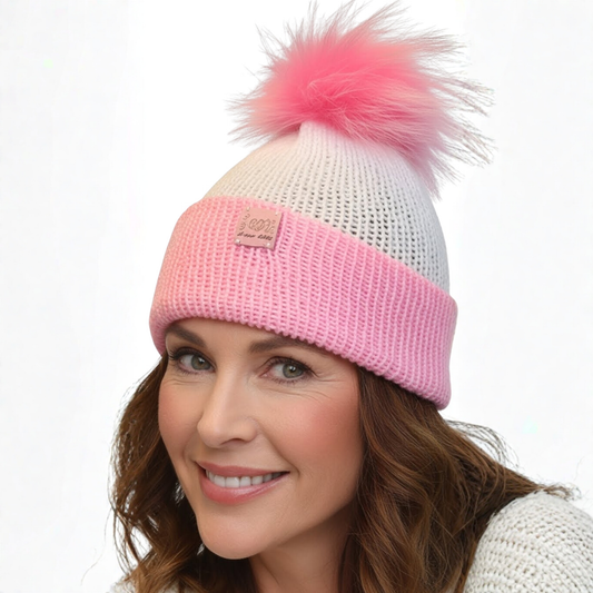 Gorro de Lã Branco Pérola com Faixa e Pompom Rosa